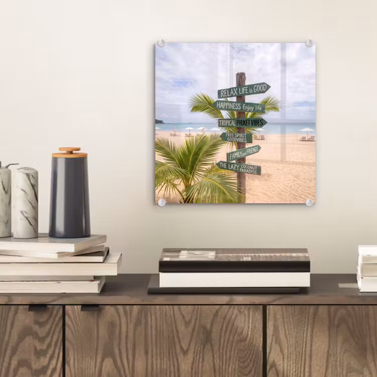 Glasbild - Strand – Wegweiser – Palmen – Tropisch – Grün - Strand - Wegwijzer - Palmen - Tropisch - Groen plexiglas 5mm klein