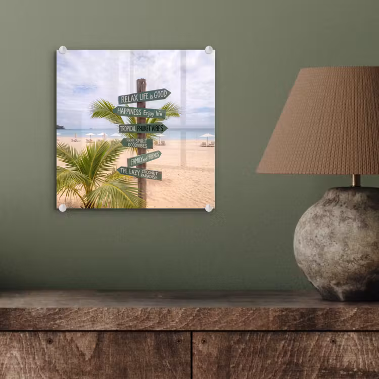 Glasbild - Strand – Wegweiser – Palmen – Tropisch – Grün - Strand - Wegwijzer - Palmen - Tropisch - Groen plexiglas 5mm klein