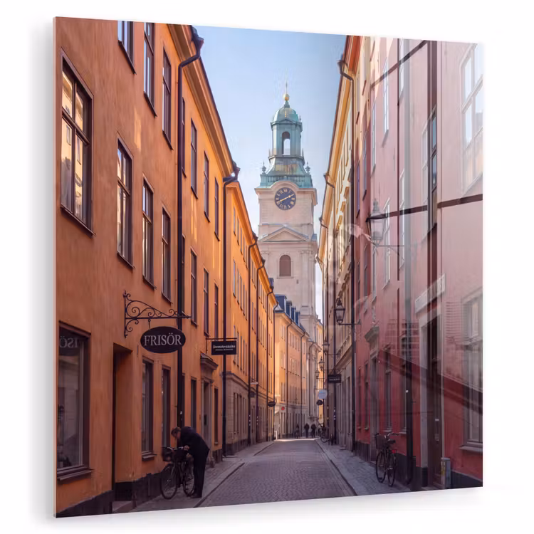 Glasbild - Straße – Glockenturm – Stadt – Architektur – Historisch - Straat - Klokkentoren - Stad - Architectuur - Historisch plexiglas 5mm klein