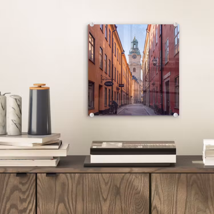 Glasbild - Straße – Glockenturm – Stadt – Architektur – Historisch - Straat - Klokkentoren - Stad - Architectuur - Historisch plexiglas 5mm klein