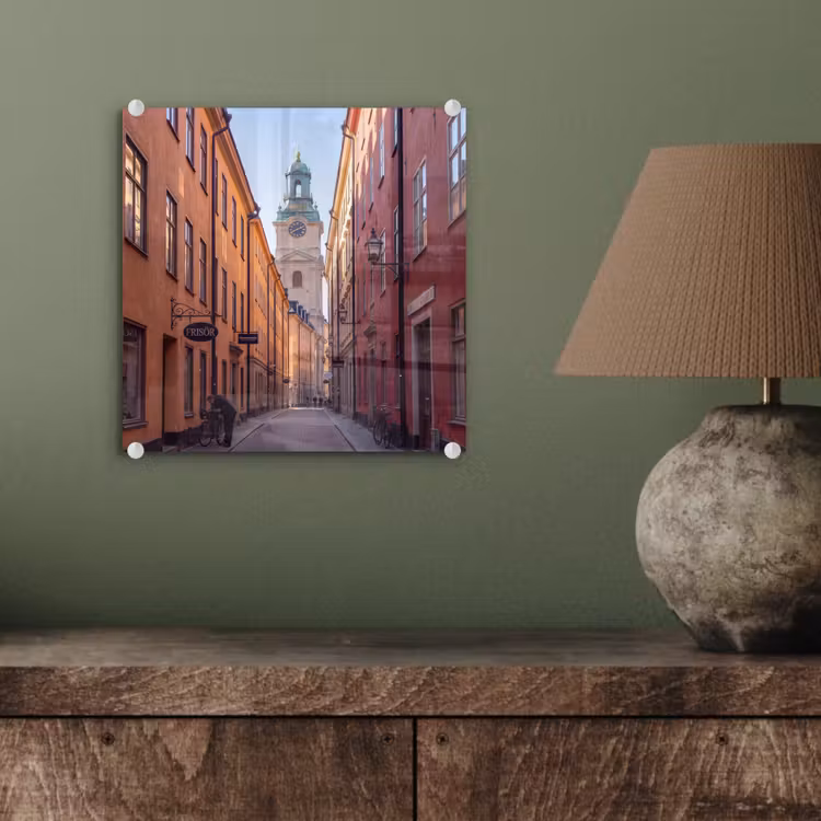 Glasbild - Straße – Glockenturm – Stadt – Architektur – Historisch - Straat - Klokkentoren - Stad - Architectuur - Historisch plexiglas 5mm klein