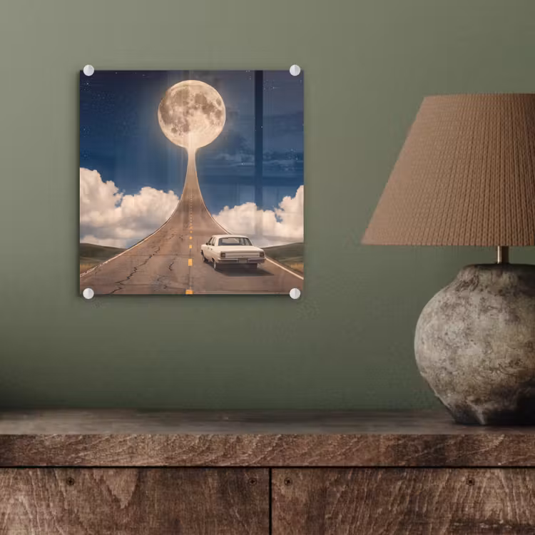 Glasbild - Straße – Mond – Nacht - Weg - Maan - Nacht plexiglas 5mm klein