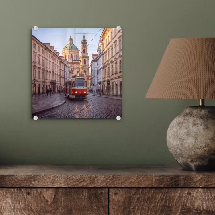 Glasbild - Straßenbahn – Straße – Stadtansicht – Klassisch – Rot - Tram - Straat - Stadsgezicht - Klassiek - Rood plexiglas 5mm klein