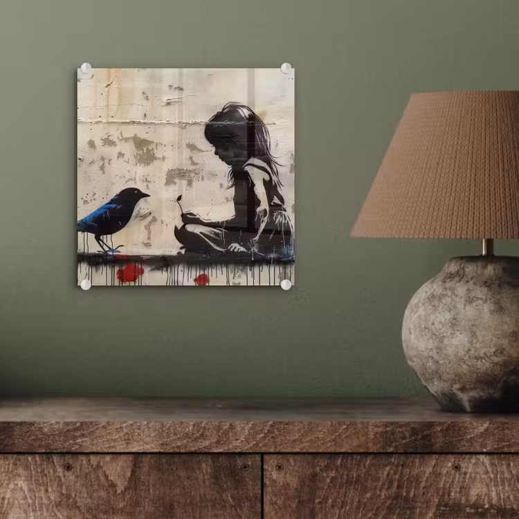 Street art - Meisje - Vogel - Graffiti - Banksy plexiglas 5mm klein -sfeer3