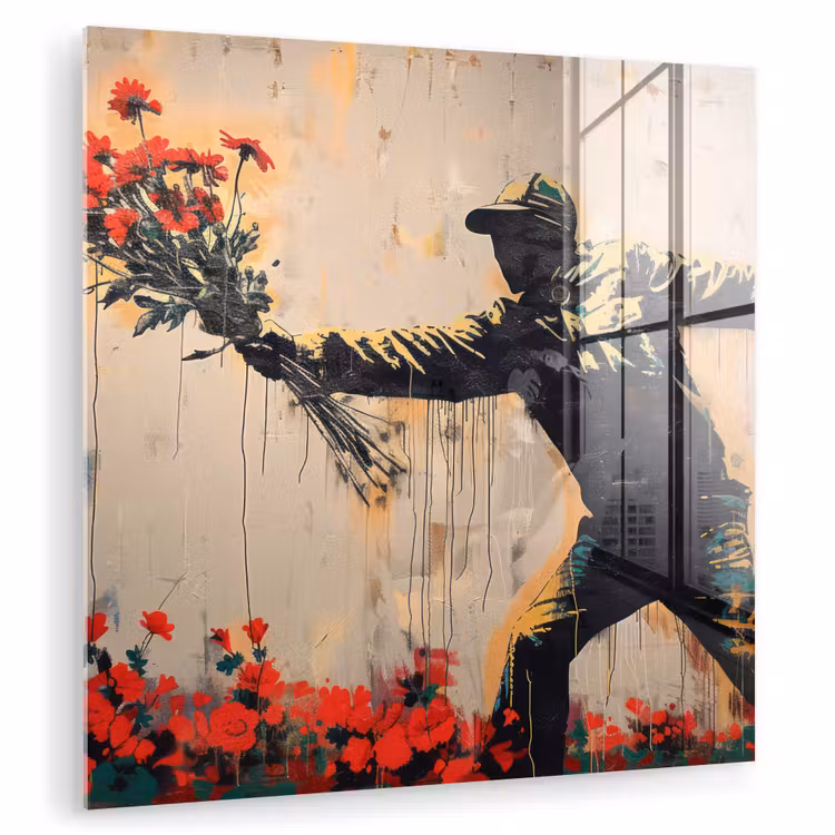 Street art - Man - Bloemen - Rood - Graffiti - Banksy plexiglas 5mm klein -zzzproduct_nieuw