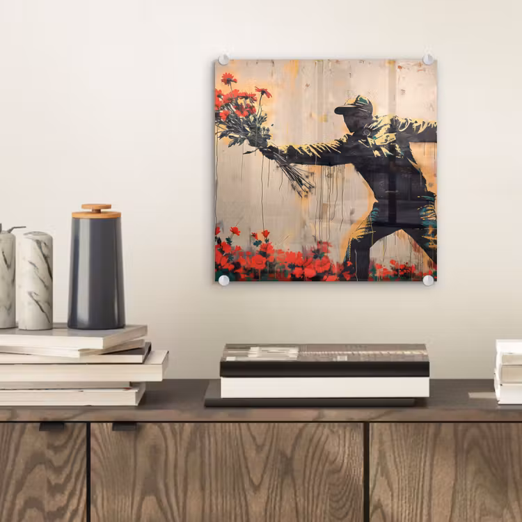Street art - Man - Bloemen - Rood - Graffiti - Banksy plexiglas 5mm klein -sfeer1