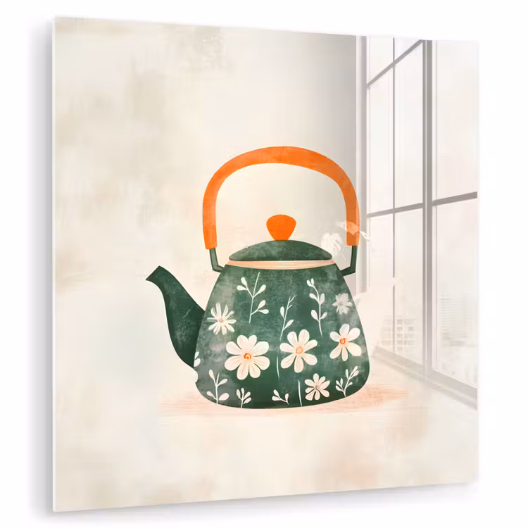 Theepot - Groen - Bloemen - Oranje plexiglas 5mm klein -zzzproduct_nieuw