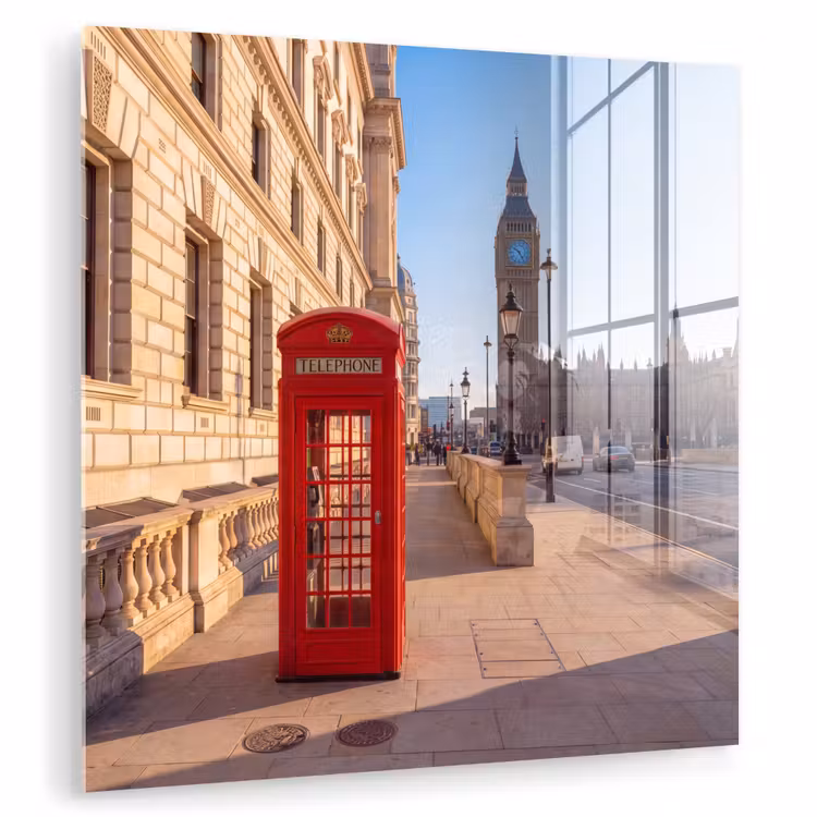 Glasbild - Telefonzelle – Rot – London – Stadt – Architektur - Telefooncel - Rood - Londen - Stad - Architectuur plexiglas 5mm klein