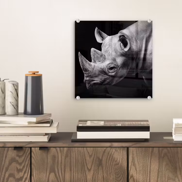 Dieren - Neushoorn - Zwart - Wit - Portret plexiglas 5mm klein -sfeer1