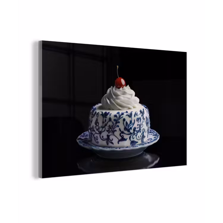 Taart - Slagroom - Kers - Bord - Delfts blauw plexiglas 5mm klein -zzzproduct_nieuw