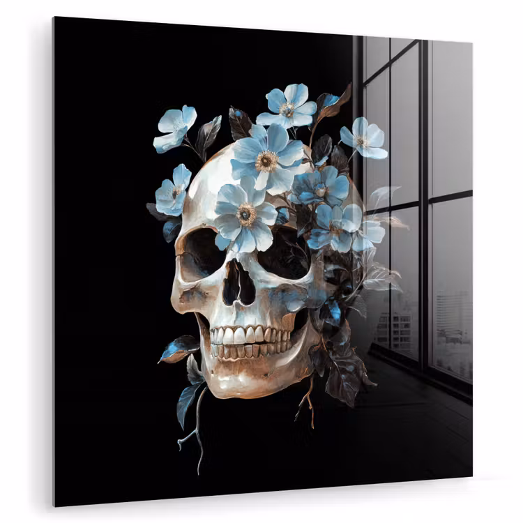 Schedel - Blauw - Bloemen - Bladeren plexiglas 5mm klein -zzzproduct_nieuw