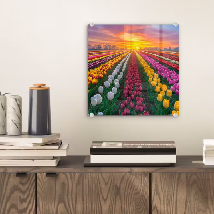Tulpenveld - Zonsondergang - Kleurrijk plexiglas 5mm klein -sfeer1