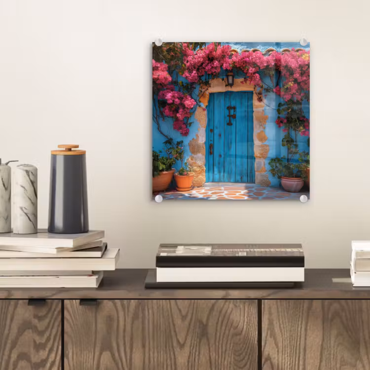 Deur - Hout - Bloemen - Blauw plexiglas 5mm klein -sfeer1