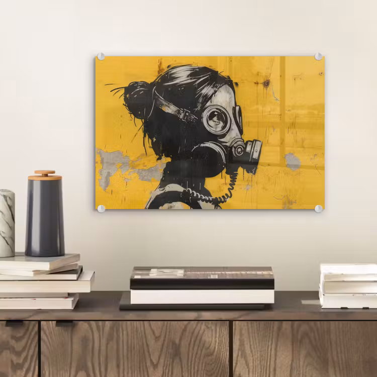 Vintage - Street art - Meisje - Masker - Geel - Banksy plexiglas 5mm klein -sfeer1