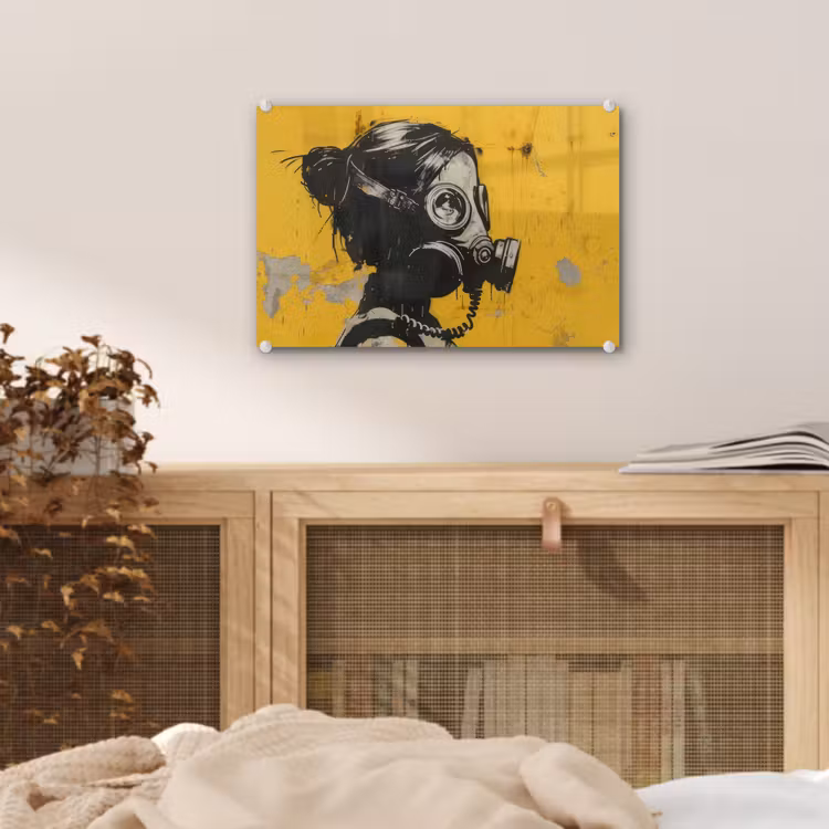 Vintage - Street art - Meisje - Masker - Geel - Banksy plexiglas 5mm klein -sfeer3