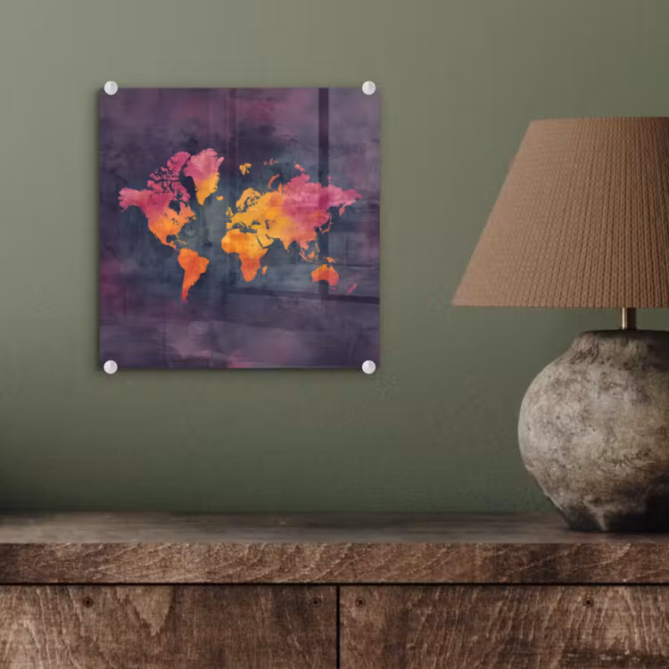 Paars - Warm - Wereldkaart plexiglas 5mm klein -sfeer3