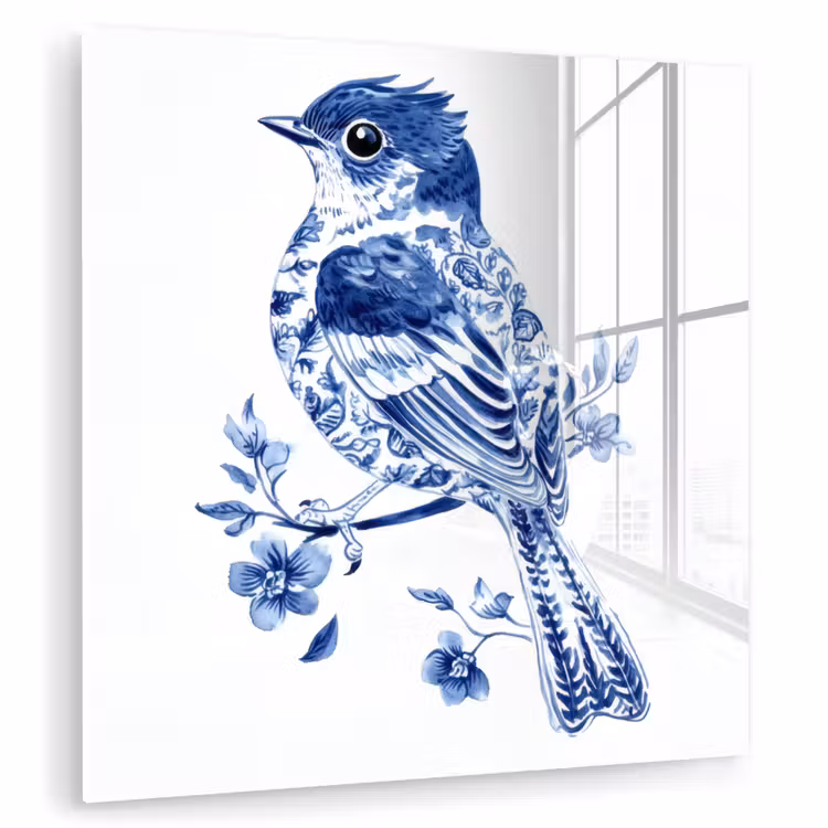 Vogel - Delfts blauw - Illustratie - Bloemen plexiglas 5mm klein -zzzproduct_nieuw