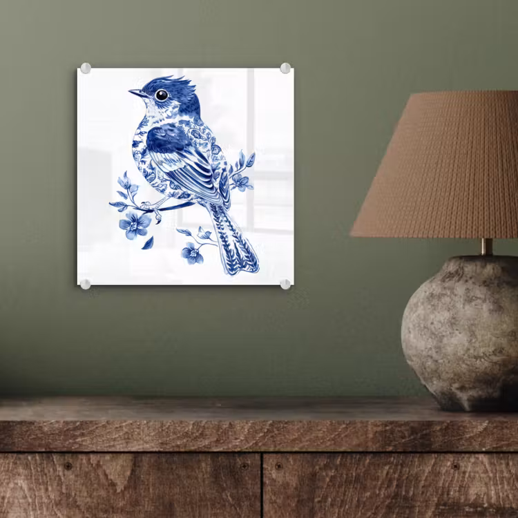 Vogel - Delfts blauw - Illustratie - Bloemen plexiglas 5mm klein -sfeer3