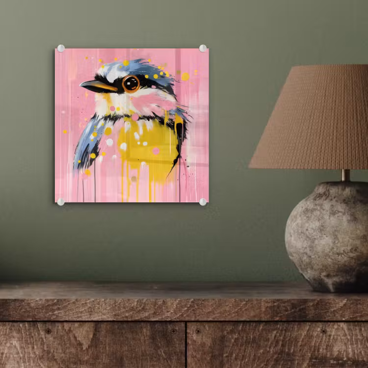 Vogel - Roze - Geel - Blauw plexiglas 5mm klein -sfeer3