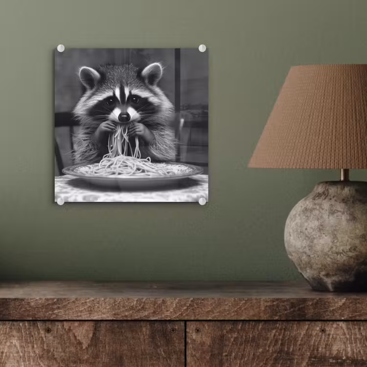 Wasbeer - Cute - Pasta - Tafelkleed - Zwart - Wit plexiglas 5mm klein -sfeer3