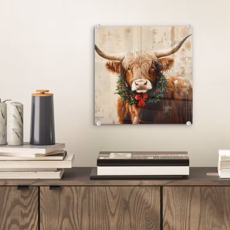 Kerst - Schotse Hooglander - Bruin - Krans plexiglas 5mm klein -sfeer1