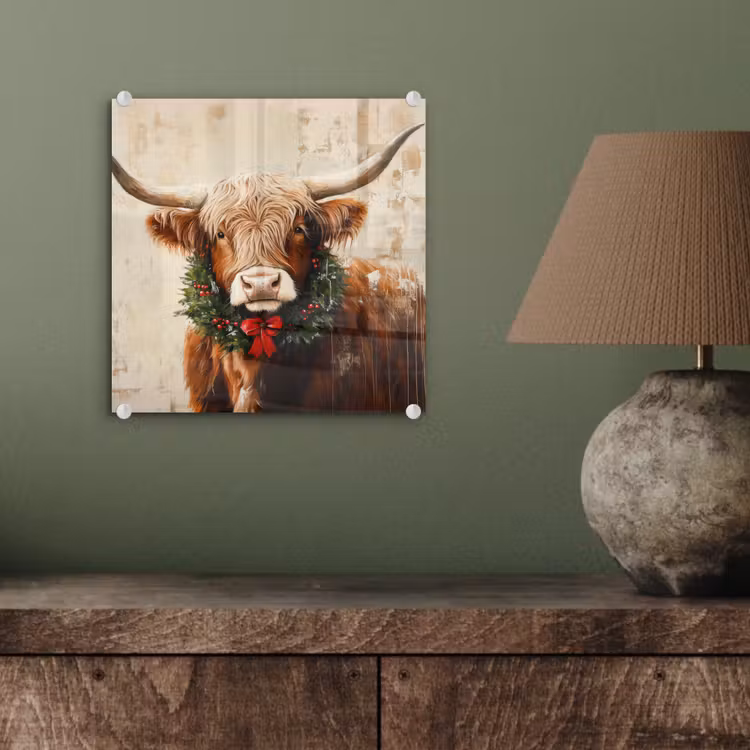 Kerst - Schotse Hooglander - Bruin - Krans plexiglas 5mm klein -sfeer3