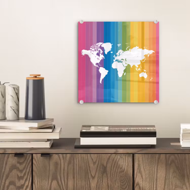 Wit - Wereldkaart - Regenboog - Banen plexiglas 5mm klein -sfeer1