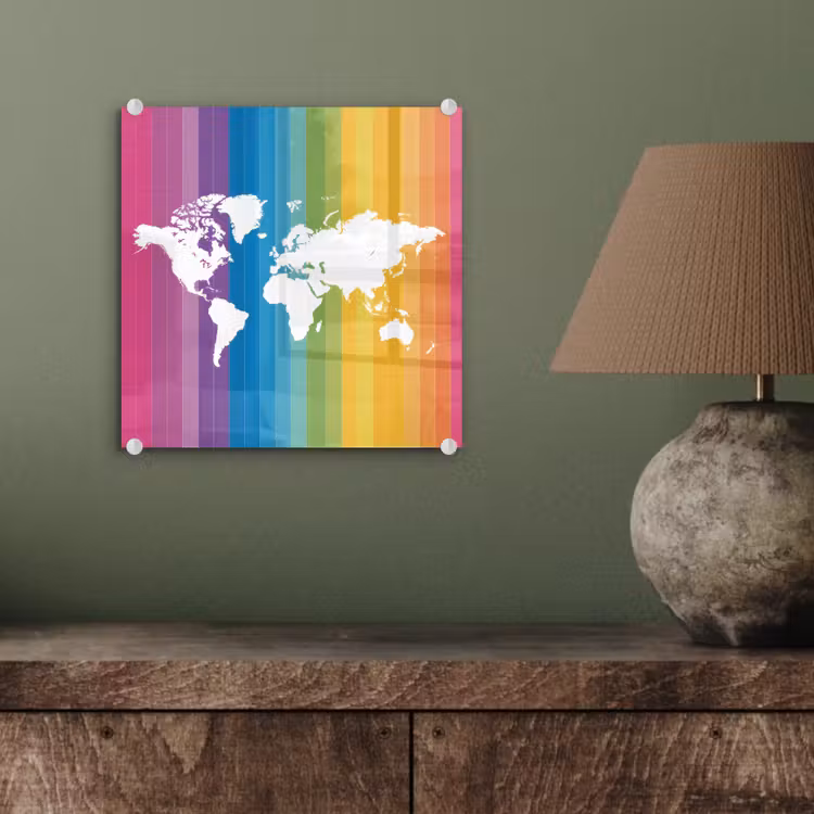 Wit - Wereldkaart - Regenboog - Banen plexiglas 5mm klein -sfeer3
