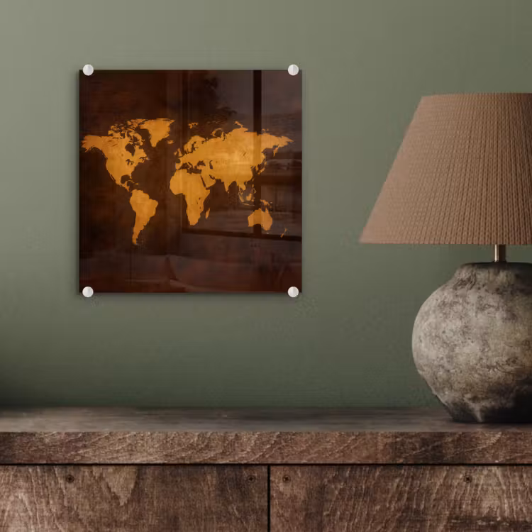 Wereldkaart - Antiek - Lederen stijl plexiglas 5mm klein -sfeer3