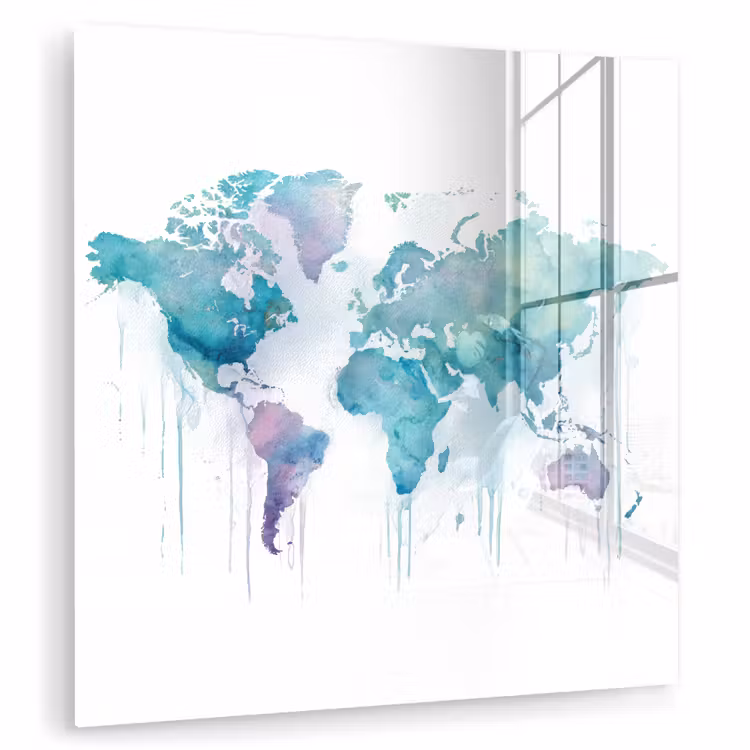 Wereldkaart - Waterverf - Blauw - Druppels plexiglas 5mm klein -zzzproduct_nieuw