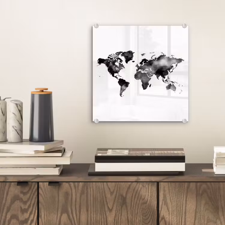 Wereldkaart - Aquarel - Zwart plexiglas 5mm klein -sfeer1