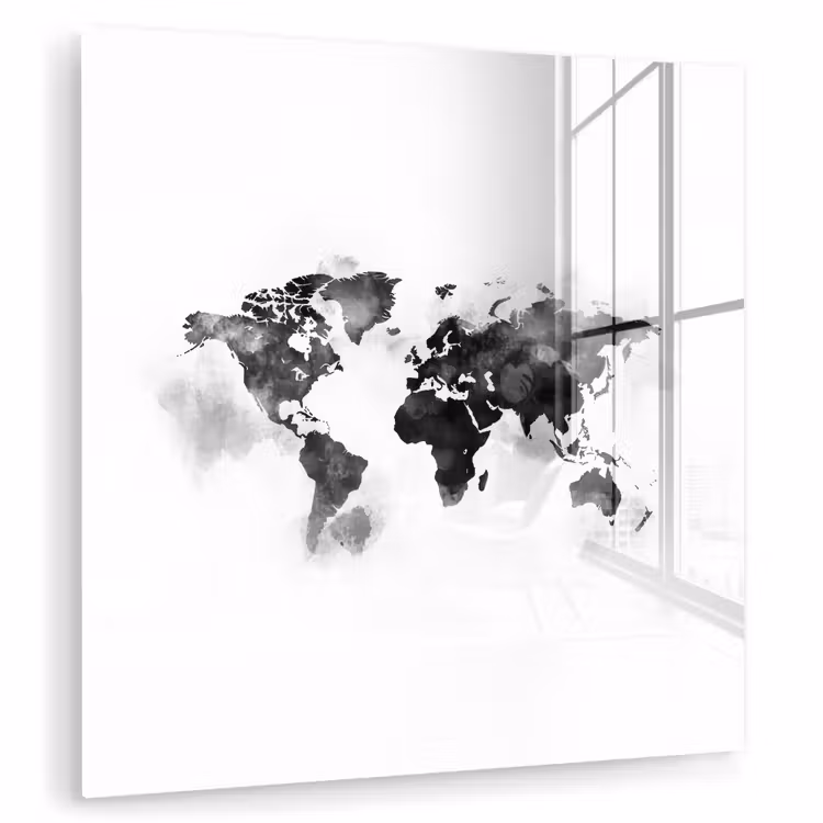 Wereldkaart - Waterverf - Zwart - Wit plexiglas 5mm klein -zzzproduct_nieuw