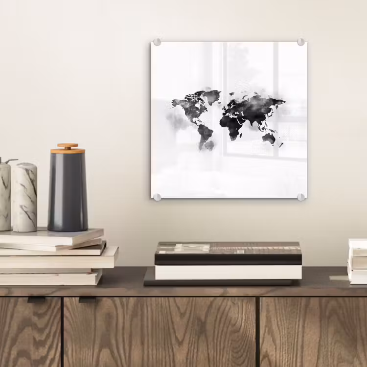 Wereldkaart - Waterverf - Zwart - Wit plexiglas 5mm klein -sfeer1