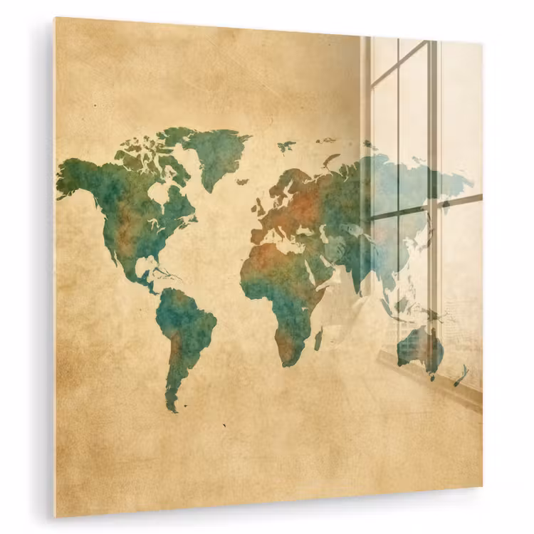 Wereldkaart - Aquarelstijl - Oud papier plexiglas 5mm klein -zzzproduct_nieuw