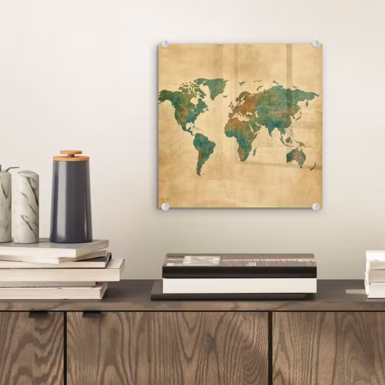Wereldkaart - Aquarelstijl - Oud papier plexiglas 5mm klein -sfeer1