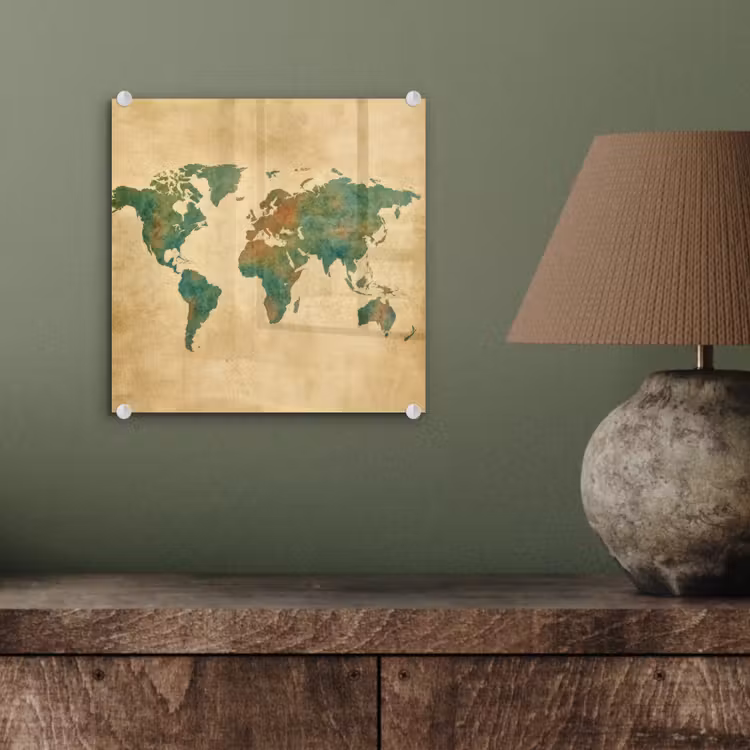 Wereldkaart - Aquarelstijl - Oud papier plexiglas 5mm klein -sfeer3