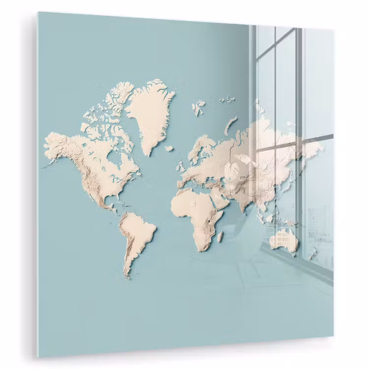 Wereldkaart - Beige - Blauw plexiglas 5mm klein -zzzproduct_nieuw