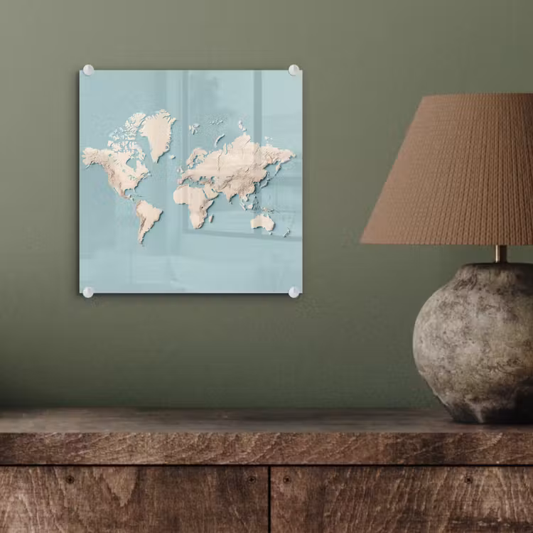 Wereldkaart - Beige - Blauw plexiglas 5mm klein -sfeer3