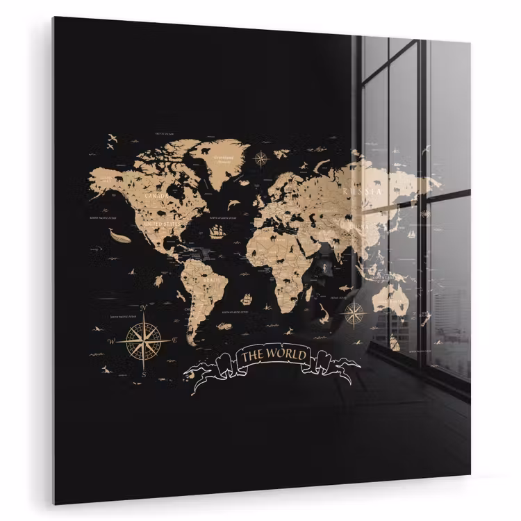 Wereldkaart - Beige - Zwart plexiglas 5mm klein -zzzproduct_nieuw