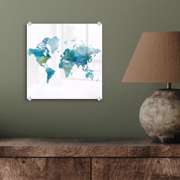 Wereldkaart - Blauw - Geschilderd - Transparant plexiglas 5mm klein -sfeer3