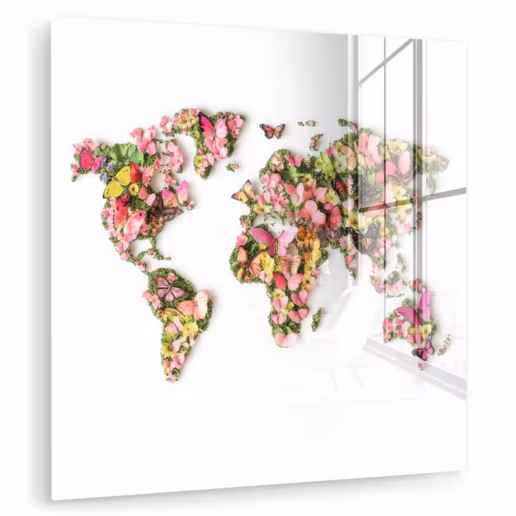 Wereldkaart - Bloemen - Felgekleurd plexiglas 5mm klein -zzzproduct_nieuw