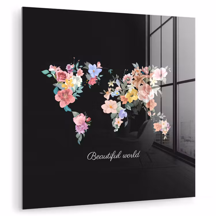 Wereldkaart - Bloemen - Pastelkleuren plexiglas 5mm klein -zzzproduct_nieuw