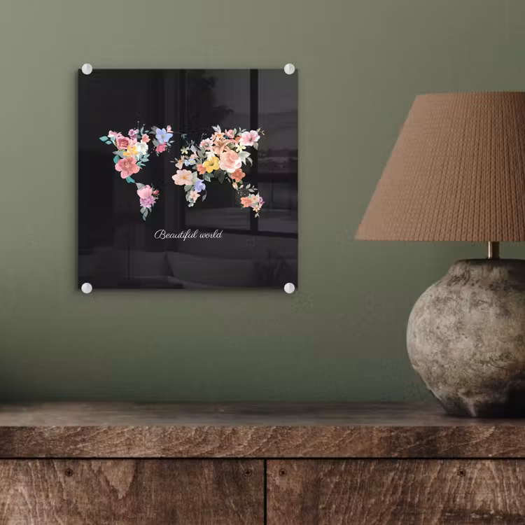 Wereldkaart - Bloemen - Pastelkleuren plexiglas 5mm klein -sfeer3