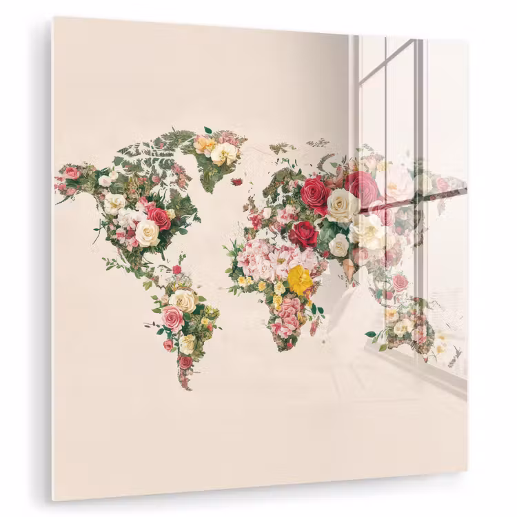 Wereldkaart - Bloemen - Roze plexiglas 5mm klein -zzzproduct_nieuw