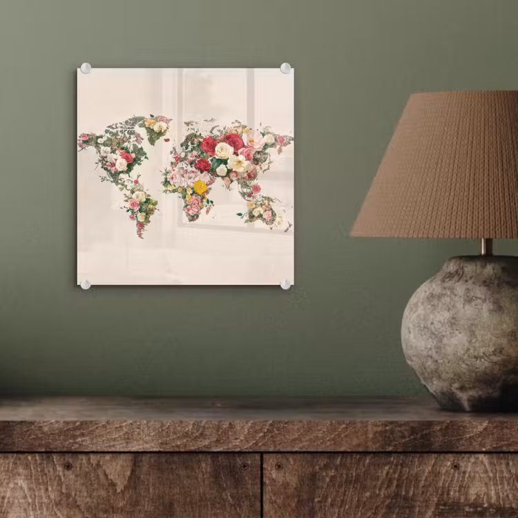 Wereldkaart - Bloemen - Roze plexiglas 5mm klein -sfeer3