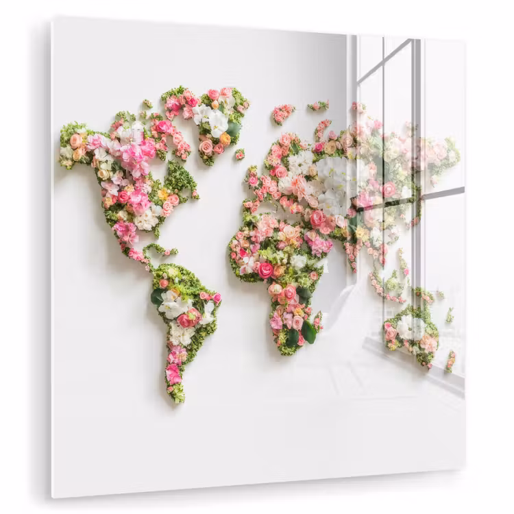 Wereldkaart - Bloemen - Subtiel plexiglas 5mm klein -zzzproduct_nieuw