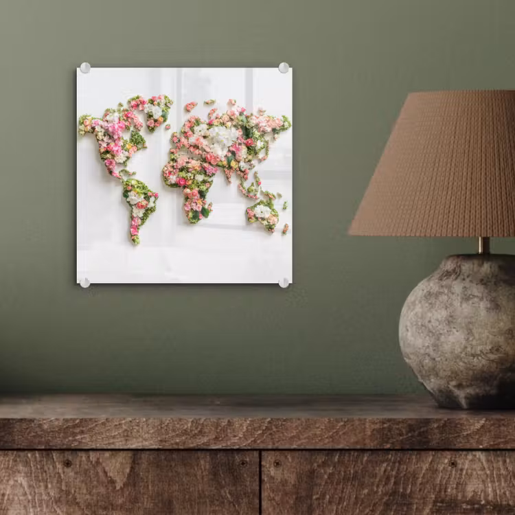 Wereldkaart - Bloemen - Subtiel plexiglas 5mm klein -sfeer3
