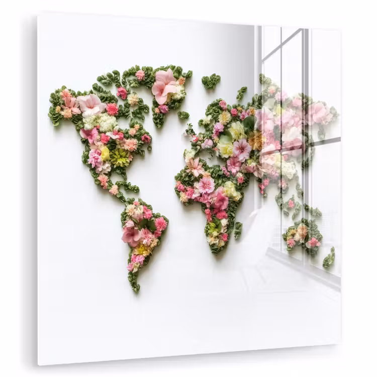 Wereldkaart - Kleurrijk - Bloemen - Lente plexiglas 5mm klein -zzzproduct_nieuw