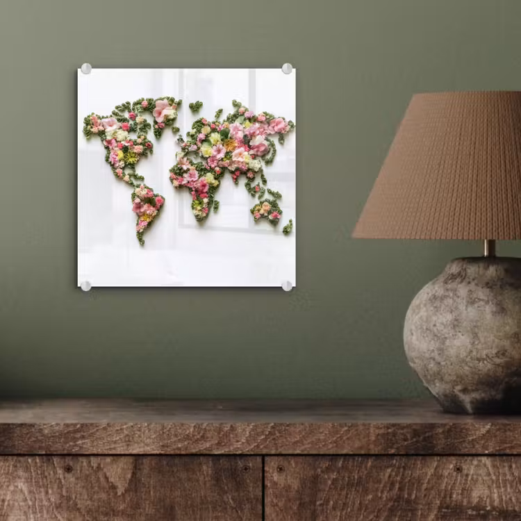 Wereldkaart - Kleurrijk - Bloemen - Lente plexiglas 5mm klein -sfeer3