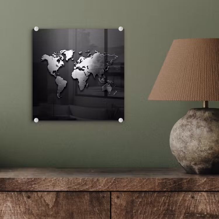 Wereldkaart - Chrome - Zilver - Zwart plexiglas 5mm klein -sfeer3